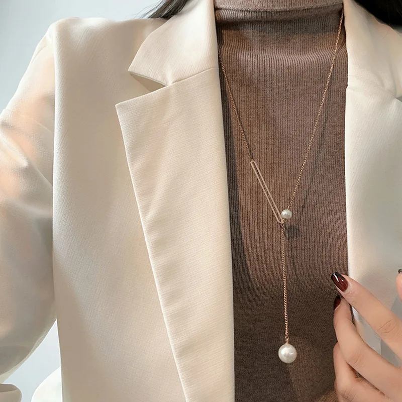 

18-каратное позолоченное ожерелье из нержавеющей стали с длинным жемчугом, ожерелье, изящные ювелирные изделия для женщин