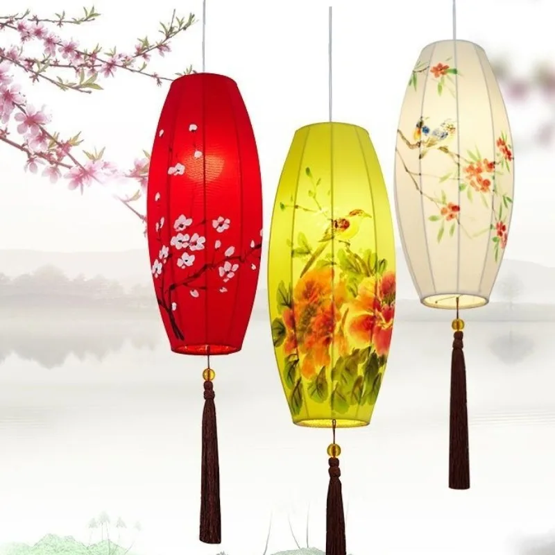 Restaurant hot pot restaurant lantern chandelier antique olive-shaped lamp antique home decor Chinese fabric pendant lights