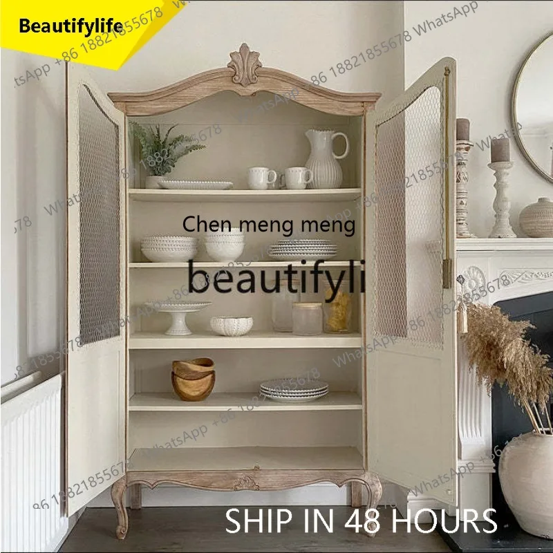 CC American country solid wood cabinet restaurant double door glass French retro wine cabinet side cabinet