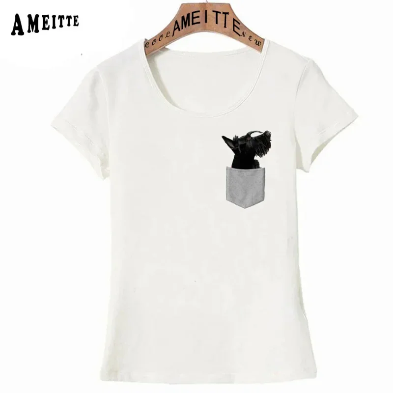 

Футболка Scostesh Terrier с принтом в кармане Женская смешная поддельная карманная собака Дизайнерские повседневные топы для девушек белые футболки