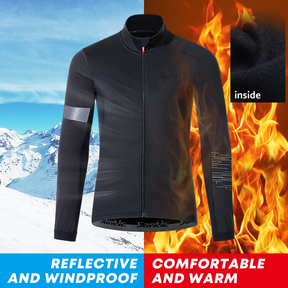 Santic Cycling Jacket Set Winter Windproof Thermal Outfit Outdoor Reflective MTB Bicycle Clothing 4D Padded Fleece Pants Suits