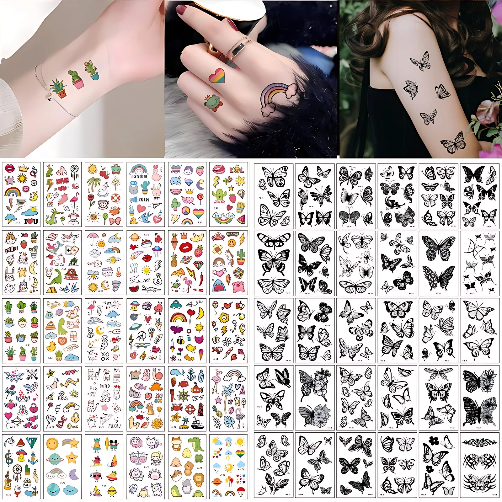 60pcs/set Black Butterfly Temporary Tattoos Stickers Color Dinosaur Star Moon Watermelon Carrot Cartoon Small Transfer Tattoos