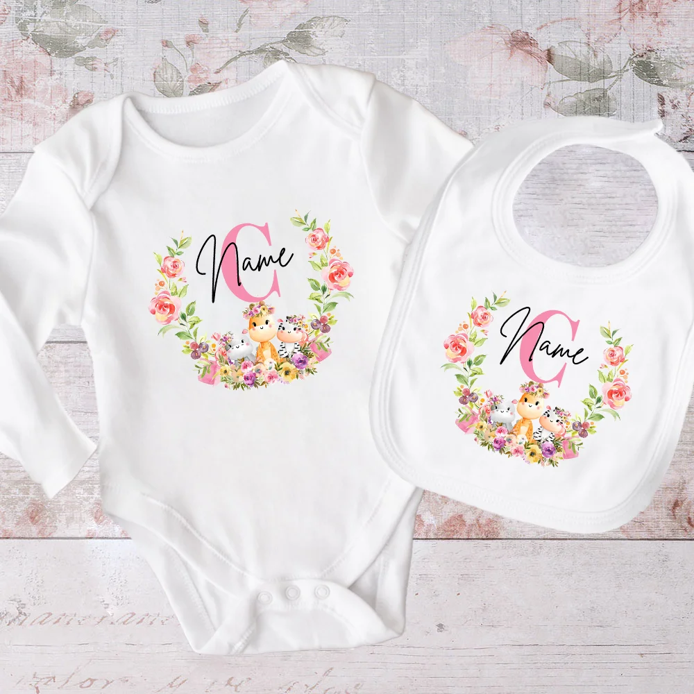 Personalized Initial with Name Matching Baby Bib & Romper 2PCS Newborn Bibs Bodysuit Set Baby Summer Clothes Infant Shower Gift