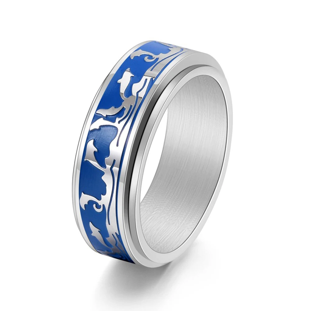 Herren-Ring mit Ozean-Delfin-Titan-Stahl, drehbarer Ring, sportliche Epoxid-Beschichtung, wasserdichter Schmuck, 360° °   Spinning Angstlinderungsring