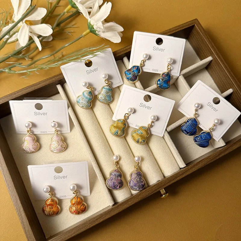 Song Brocade Gourd Earrings Women S925 Silver Needle Pearl New Chinese Guochao ICH Handmade Hanfu Cheongsam Exquisite Accessory