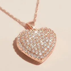 Huitan Aesthetic Rose Gold Color Heart Necklace for Women Full Paved Bling CZ Stone Fashion Wedding Jewelry Birthday Gift Bulk