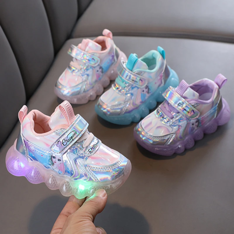 Disney Frozen Princess Elsa Casual Shoes for Baby Girl Children Led Light Sneakers Kids Shoes Toddler Anti-slip Walking Shoes