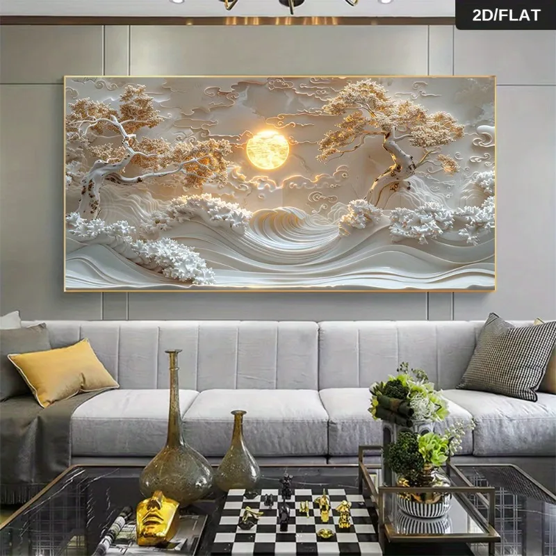 Modern Abstract Golden Moonlit Trees Landscape Canvas Wall Art Unframed Contemporary Home Decor
