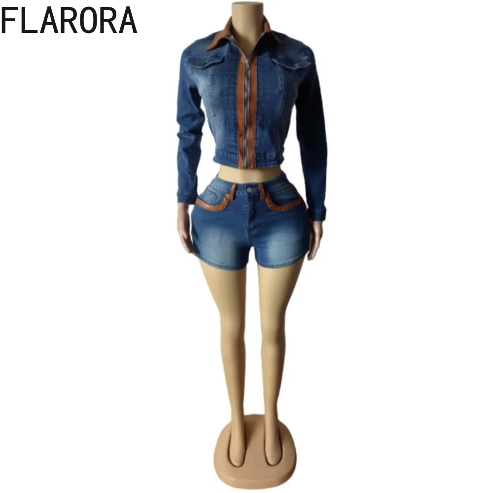 FLARORA Vintage Denim Patchworkowe Komplety Dwuczęściowe Damskie Kurtki Krótkie z Klapami, Zapinane na Zamek, z Długim Rękawem i Szorty, Modne Stroje Damskie w Stylu Streetwear