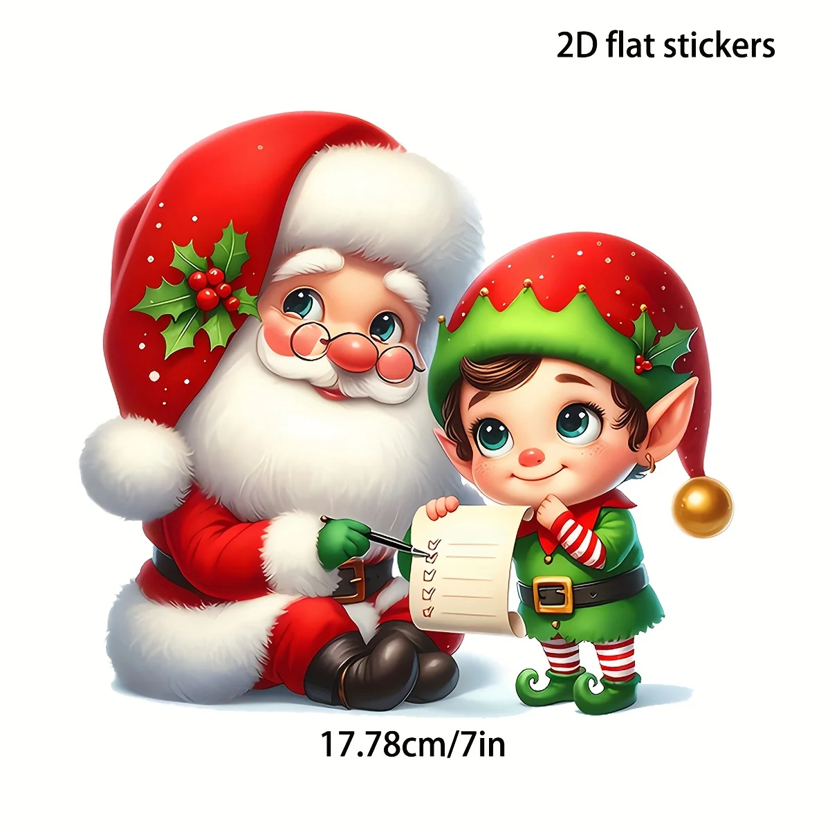 1Pc 2D Flat Santa & Elf Vinyl Sticker, Holiday Decal for Laptop Bottle Truck Phone Motorcycle Window Cup, Christmas Gift