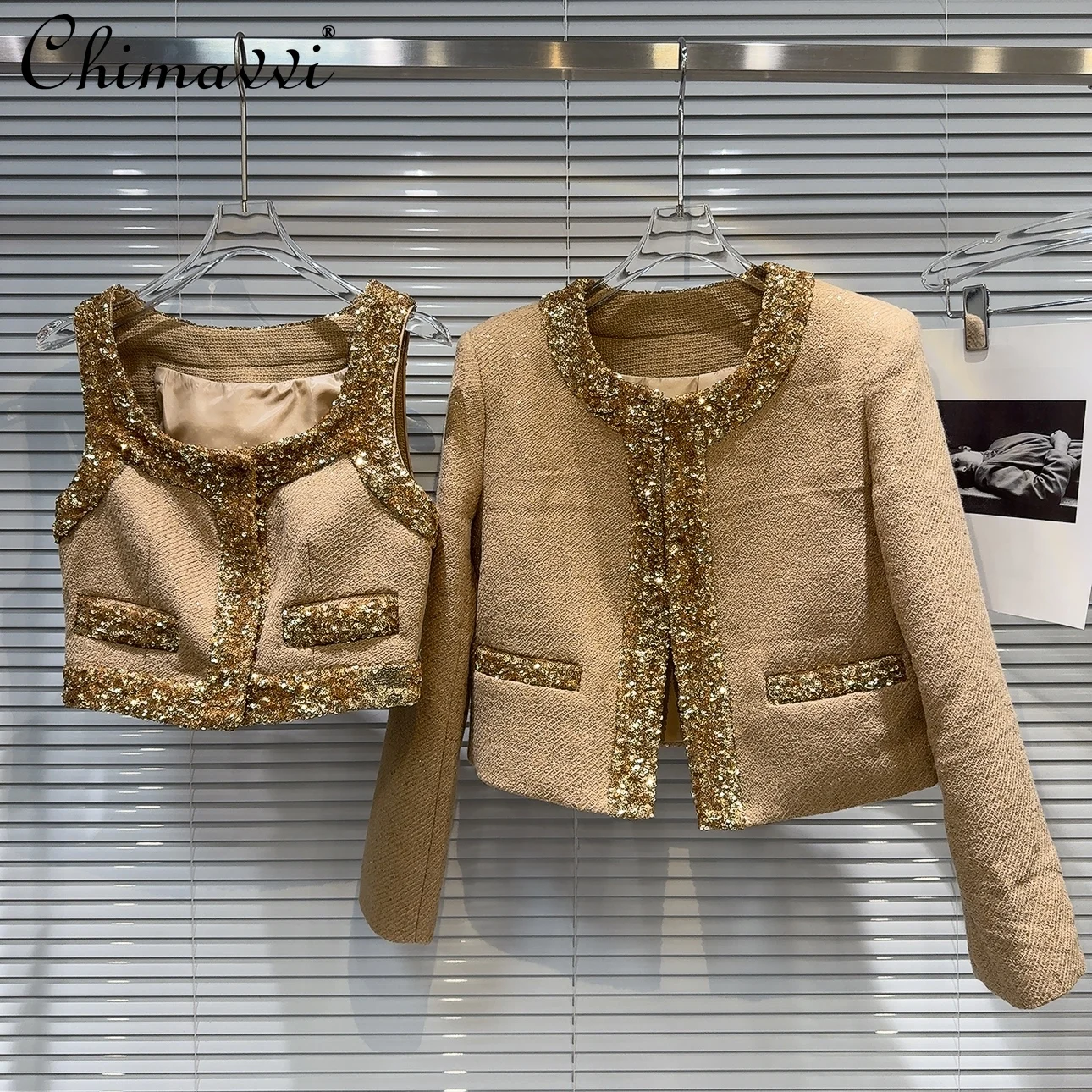 

2024 Autumn New Heavy Gold Sequined Edge Vest Tank Top + Short Long-sleeved Jacket Two-piece Women's Commuter Coat All-match