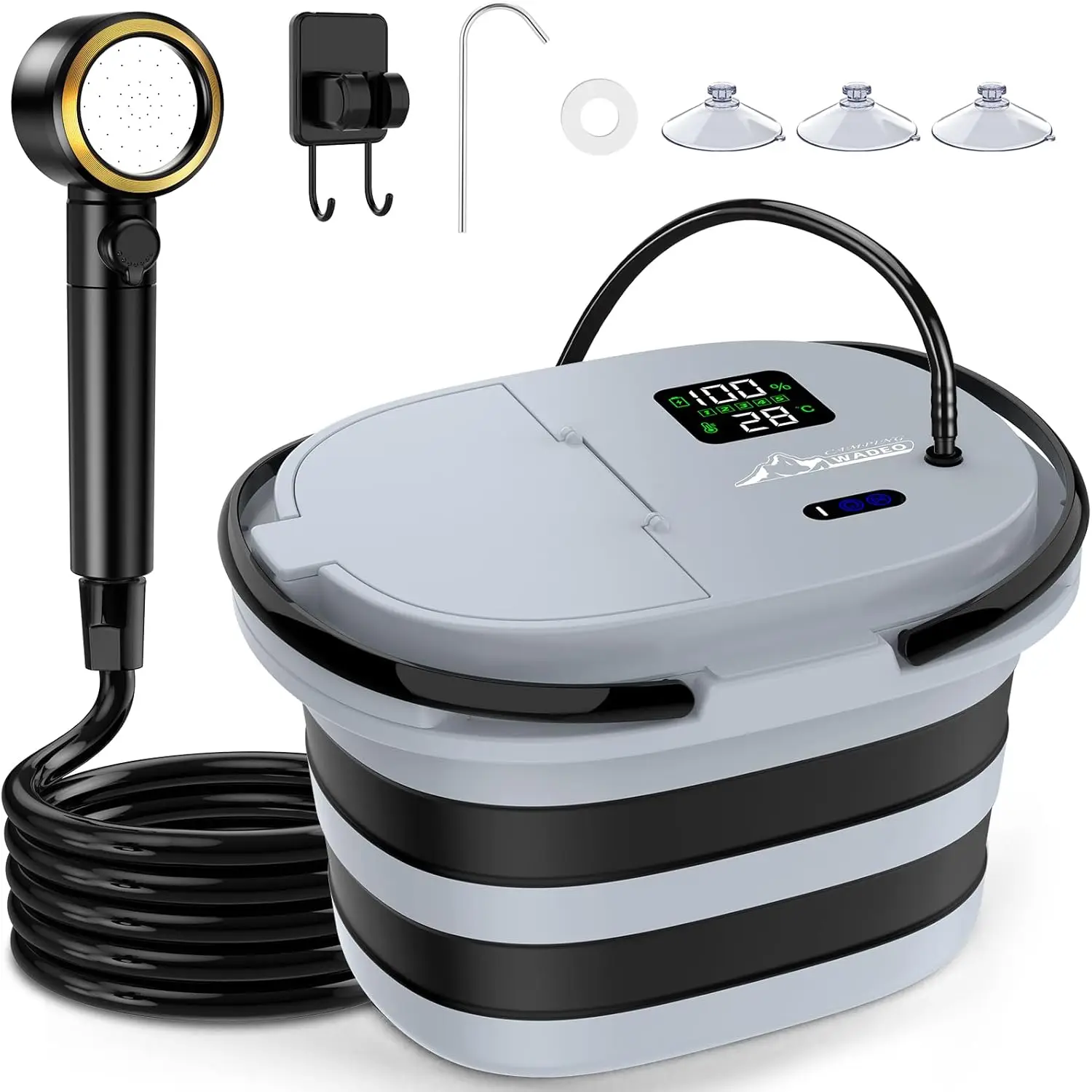 

Portable Shower for Camping with 20L Bucket, 13000mAh Rechargeable, IPX8 Waterproof, 5 Speeds