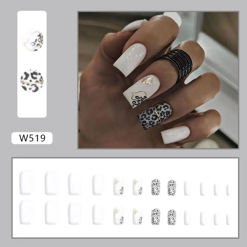 24pcs Detachable Leopard Foil Press on Nails DIY Long Square False Nails French Gradient