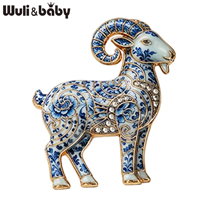 Wuli&baby Ziegenbroschen im blau-weißen Porzellandesign für Damen und Herren, bezaubernde Broschen mit Ziegen- und Schafmotiv, Geschenke – Detail 6