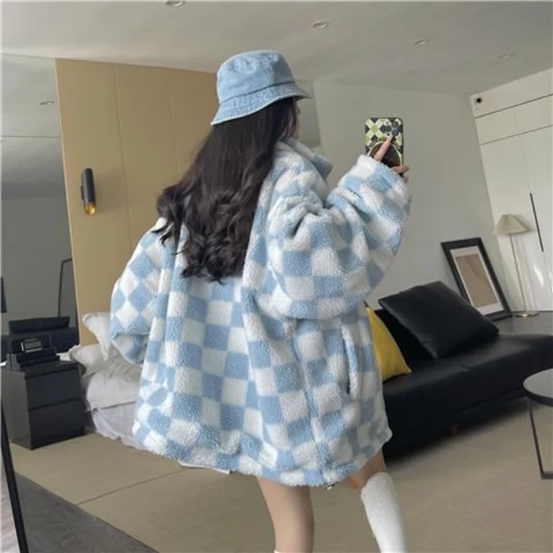 Streetwear Checkerboard Lamb Wool Coats on Both Sides Women New Winter Oversize Puffer Jackets Loose Stand Collor Parkas