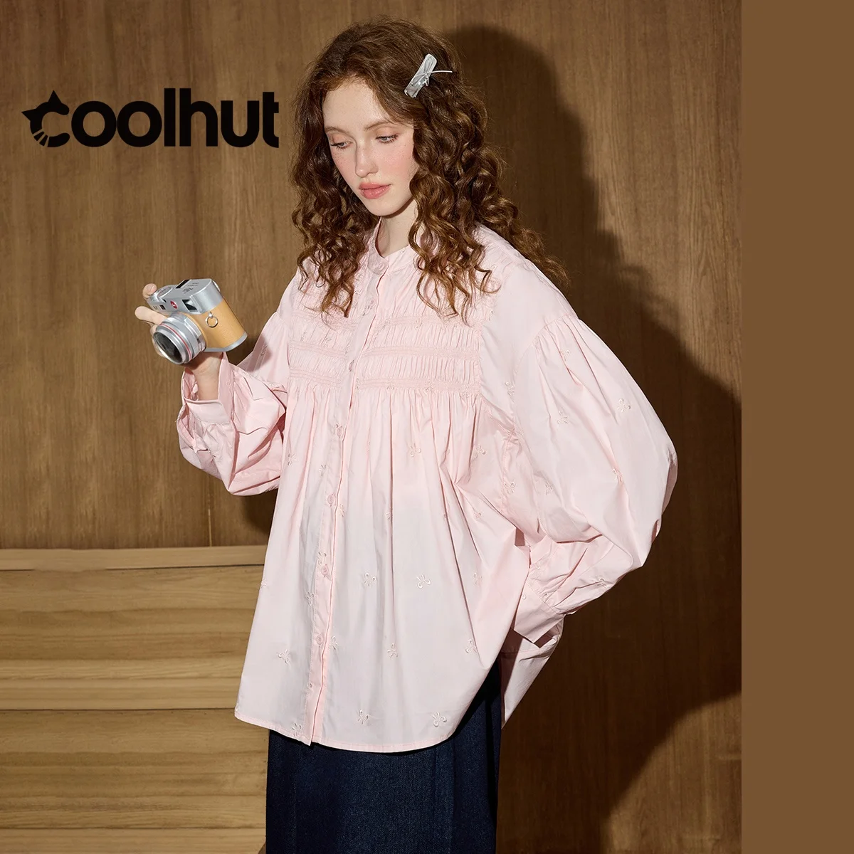 

COOLHUT Women's Brand Shirts 2025 Pink Bow Blouse Long Sleeve Loose Fit Sweetheart Fall Shirt Niche Design Casual Feminine Top