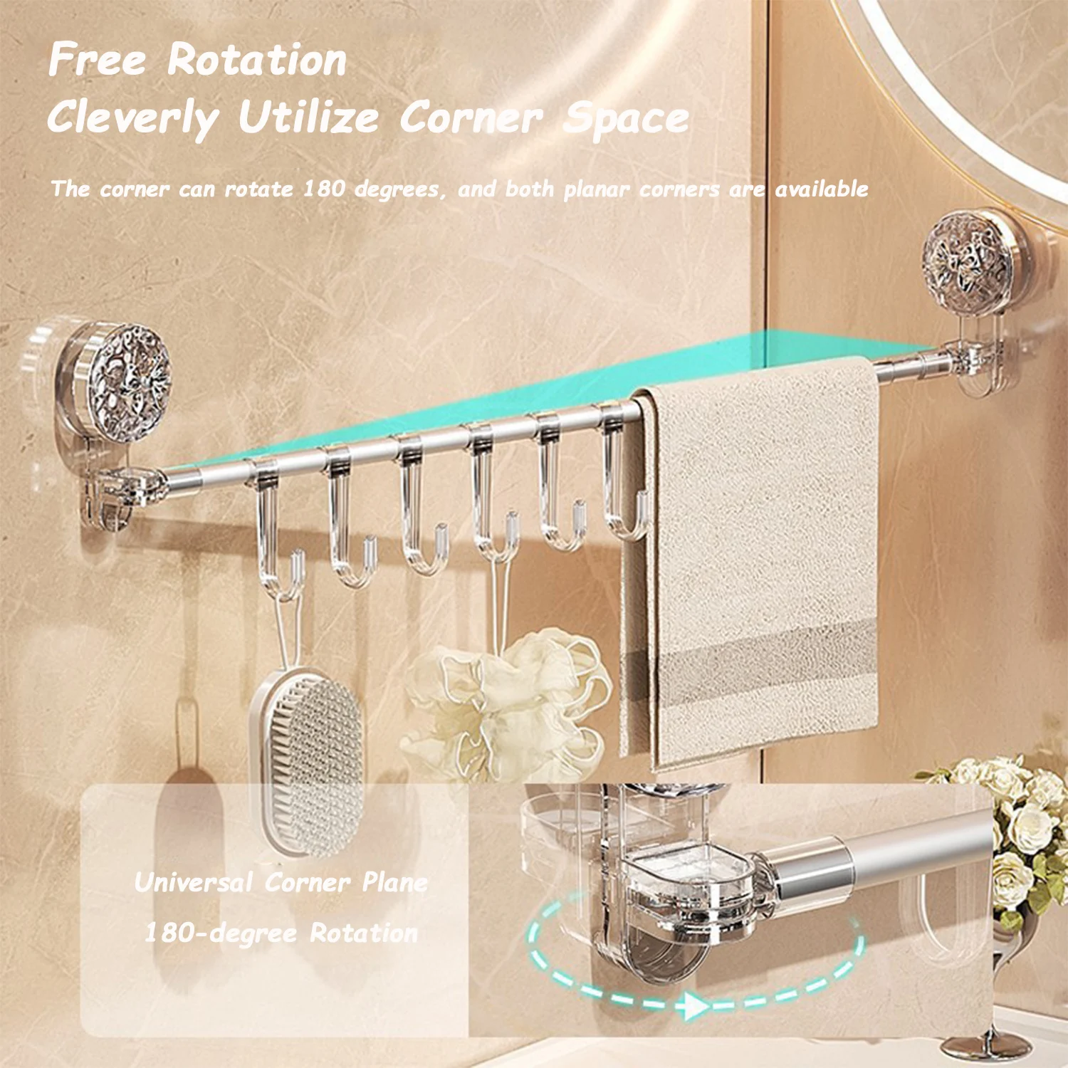Sucker Hanging Wall Towel Rack No-drill Easy Installation Telescopic Hanging Rod 180° Free Rotation Flat/Turning Feet Shelf
