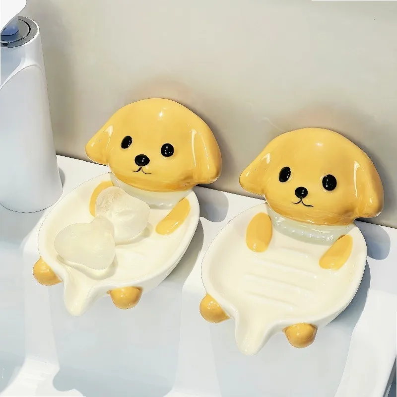 Cute Puppy Ceramic Soap Dish with Drainage, Modern Rectangular Soap Holder Tray for Bathroom Shower Vanity Sink