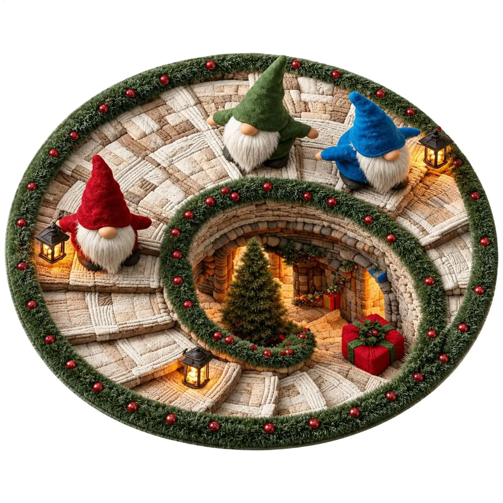 Christmas Round Area Rug 60cm 3D Optical Illusion Gnome Mat Crystal Velvet Holiday Floor Carpet Christmas Door Mat