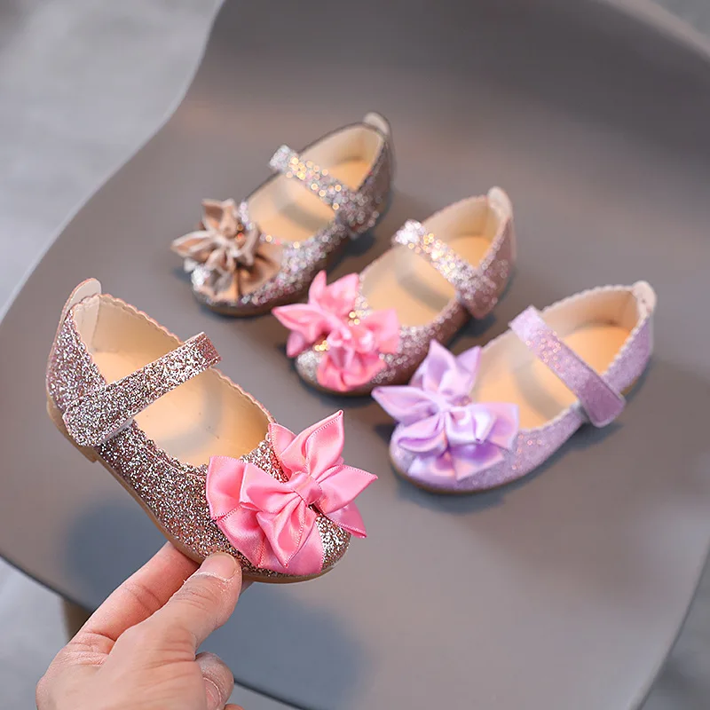 

2022 Spring New Kids Glisten Leather Shoes Fashion Cute Bow Baby Girls Princess Flat Children Party Dance Slip-on Shoe 1-12 Year