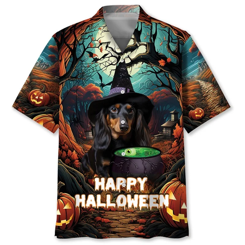 All Over Printed Firefighters Graphic Happy Halloween Hawaiian Shirts For Men Short Sleeve Plus Size Button Down Shirts Clothes