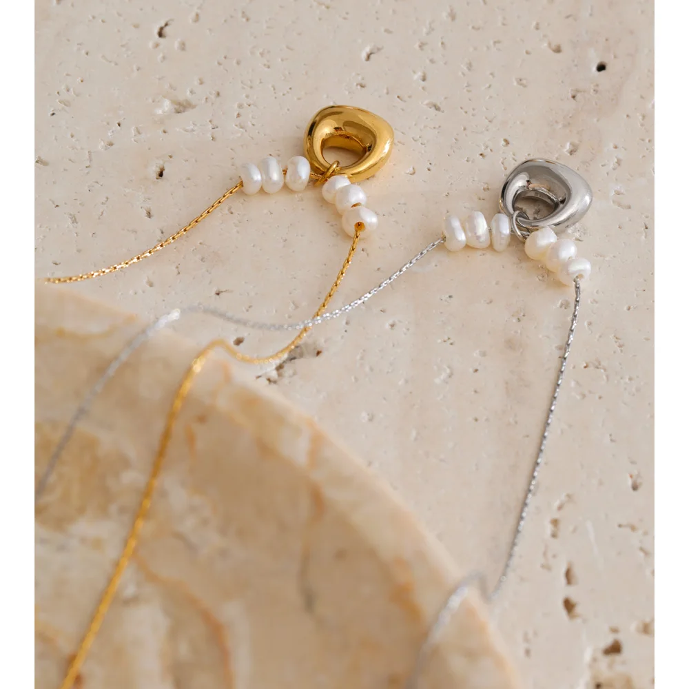Yhpup Stainless Steel Natural Pearl Casting Geometric Pendant Necklace High Quality Trending Modern Jewelry Gift