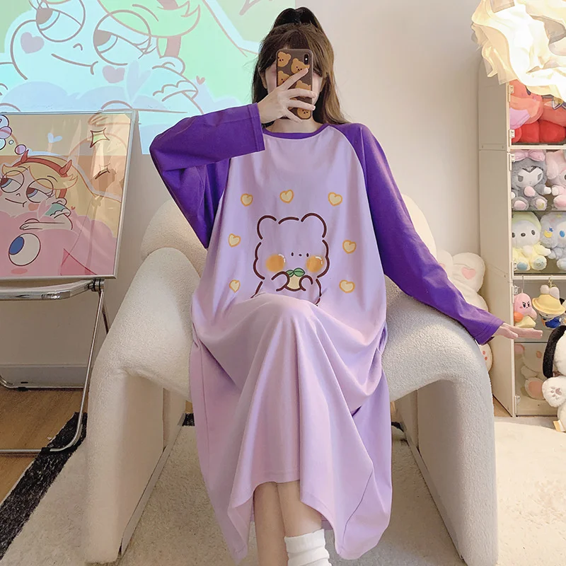 New Spring Summer Cotton Women\'s Pajamas Cute Long-sleeved Nightdress Cartoon Print Dress Home Service