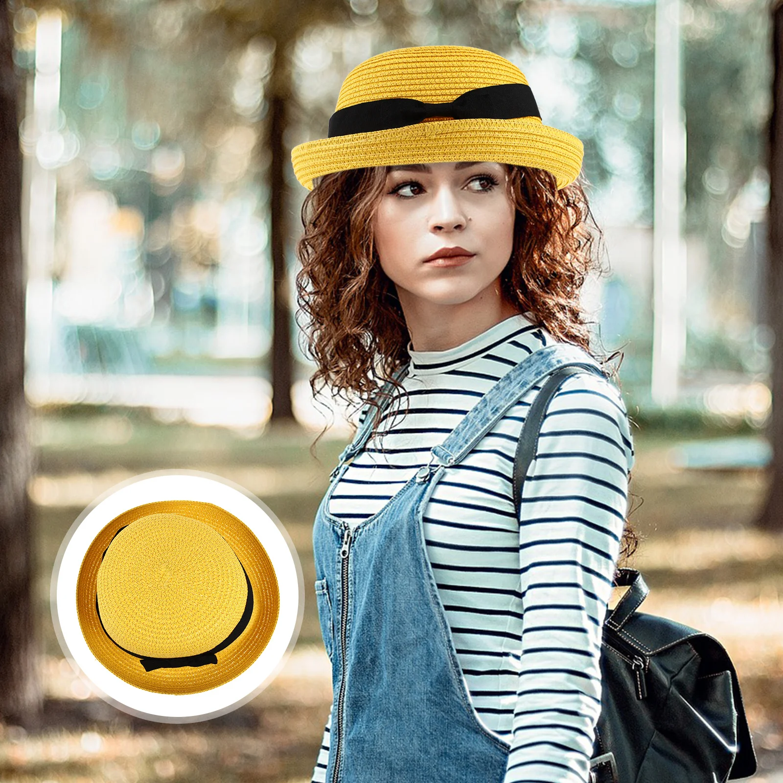 المرأة الأصفر الشمس 56-58 سنتيمتر قبة واسعة حافة نشمر Bowknot الشاطئ للصيف السفر في الهواء الطلق خفيفة الوزن القش الشاطئ #5