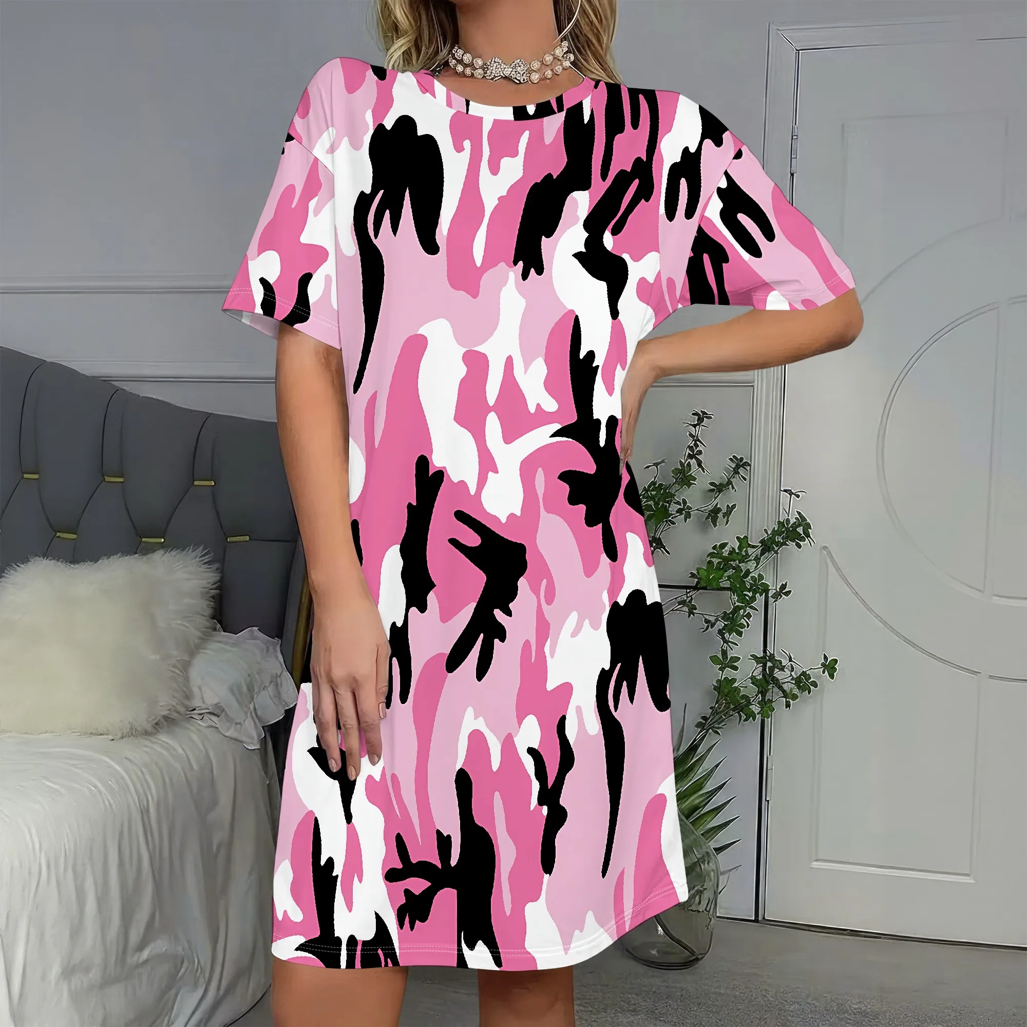 

Pink Camo, Short Sleeve Dress, Loose Fit Shift, Casual Summer Wear, Beach Vacation Outfit, S-2XL