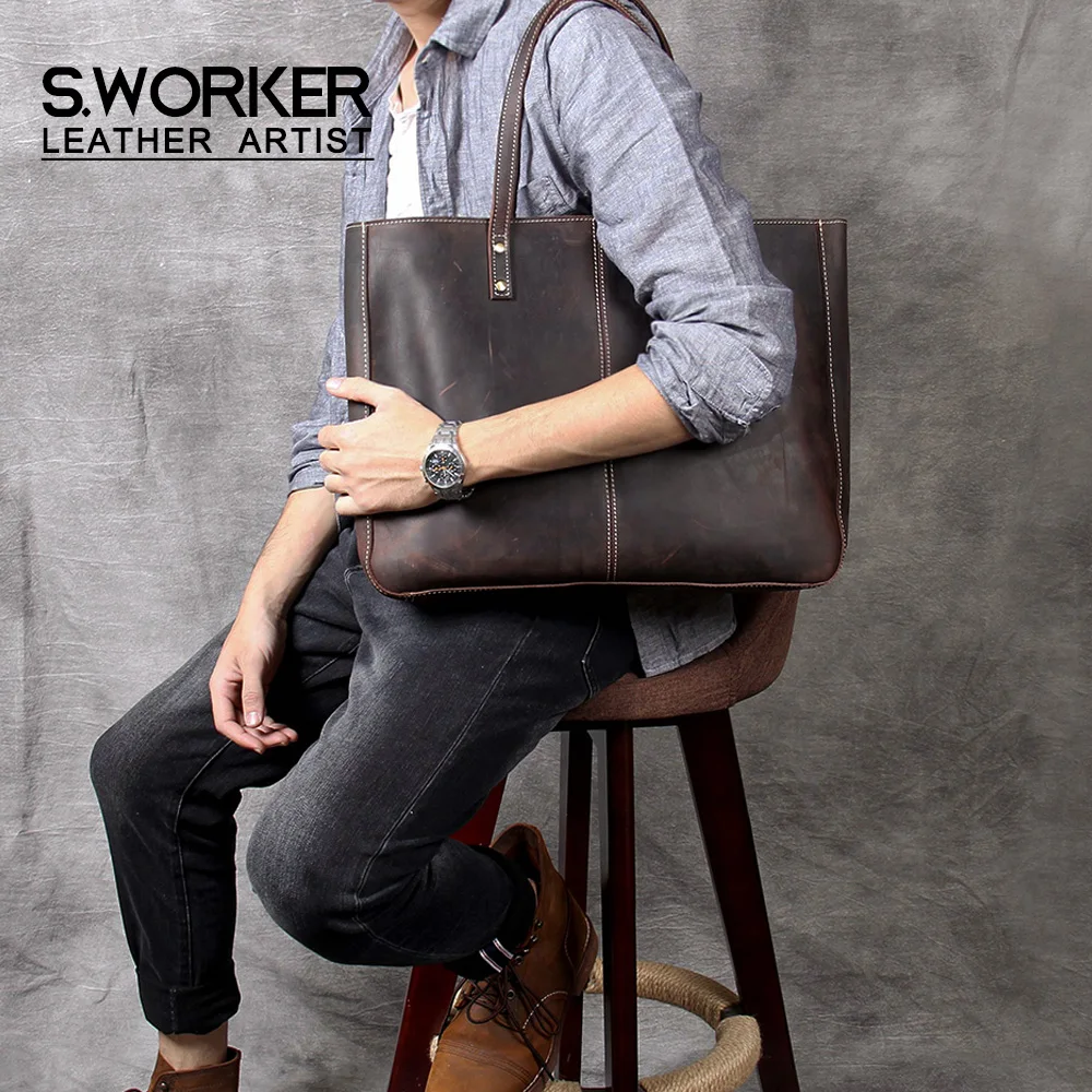 S.WORKER Vollnarbenleder Vintage Schultertasche Große Kapazität Echtleder Laptop-Einkaufstaschen für Frauen – Detail 2