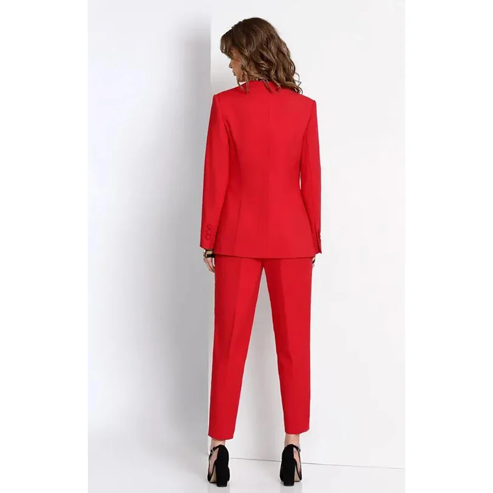 Red V-neck Suit Two Pieces(Jacket+Pants) Set 2023 New Fashion Elegant Solid Color High Quality Women's Blazer Office Set