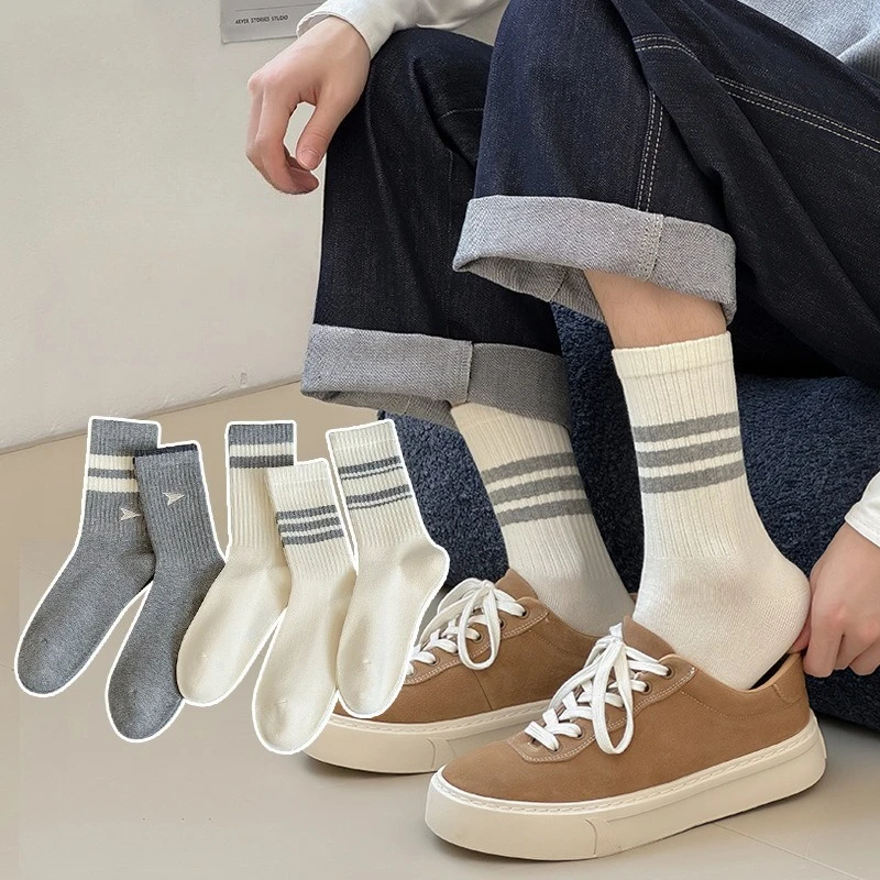 5 pairs of men's autumn winter simple comfortable mid tube socks men's striped sweat absorbing odor proof sports socks