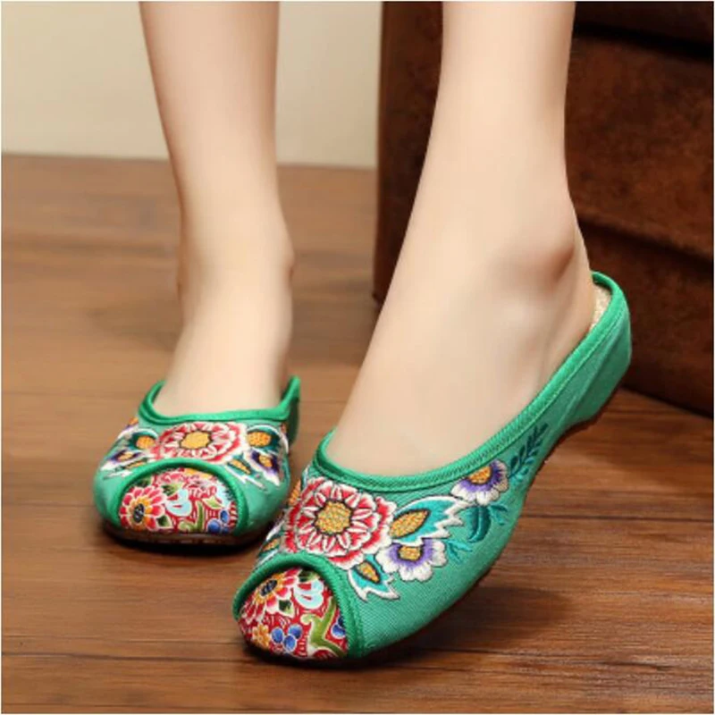 fashion National style embroidered sequined flowers embroidered slippers canvas shoes exotic wind Female cool slippers