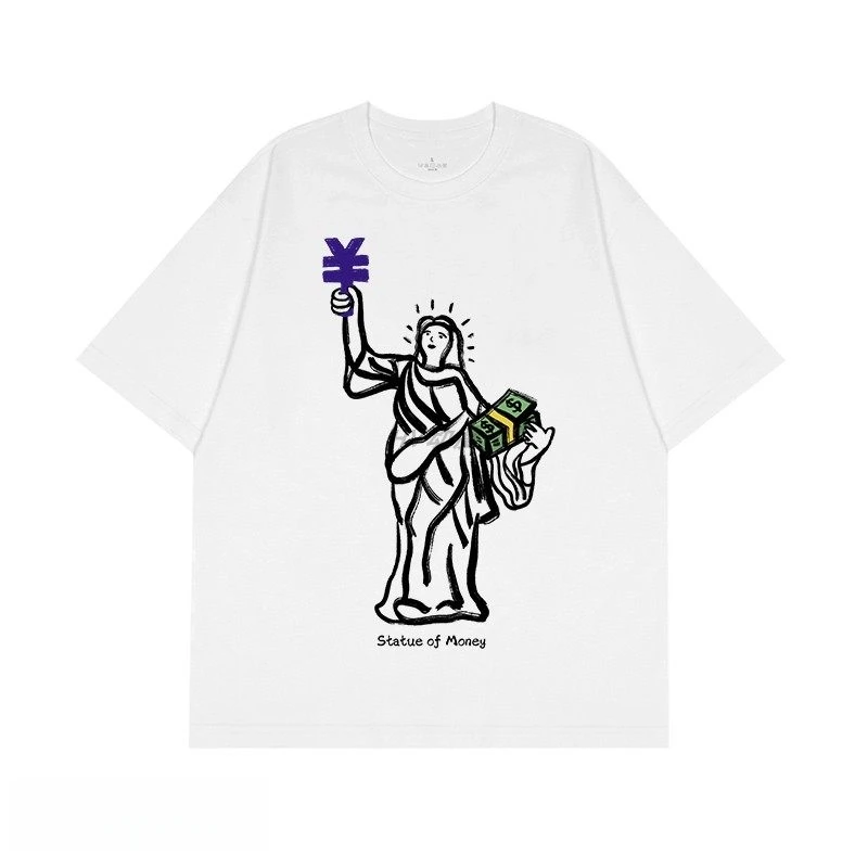 

Cotton Summer Casual T-shirt with 2D Printed Parody Image of "Goddess of Wealth" Abstract Fashion, Comfortable, Y2K Style