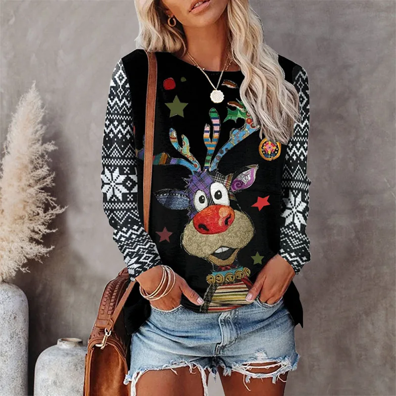 Cartoon Christmas Deer Women Fashion t-shirt manica lunga autunno inverno Street Hip Hop pullover top girocollo Christmas Tees