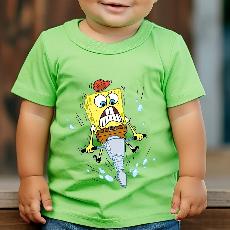 SpongeBob SquarePants Printed Kids T-shirt Summer Children's Cotton Short Sleeve Green Casual Tops Suitable for Boys and Girls