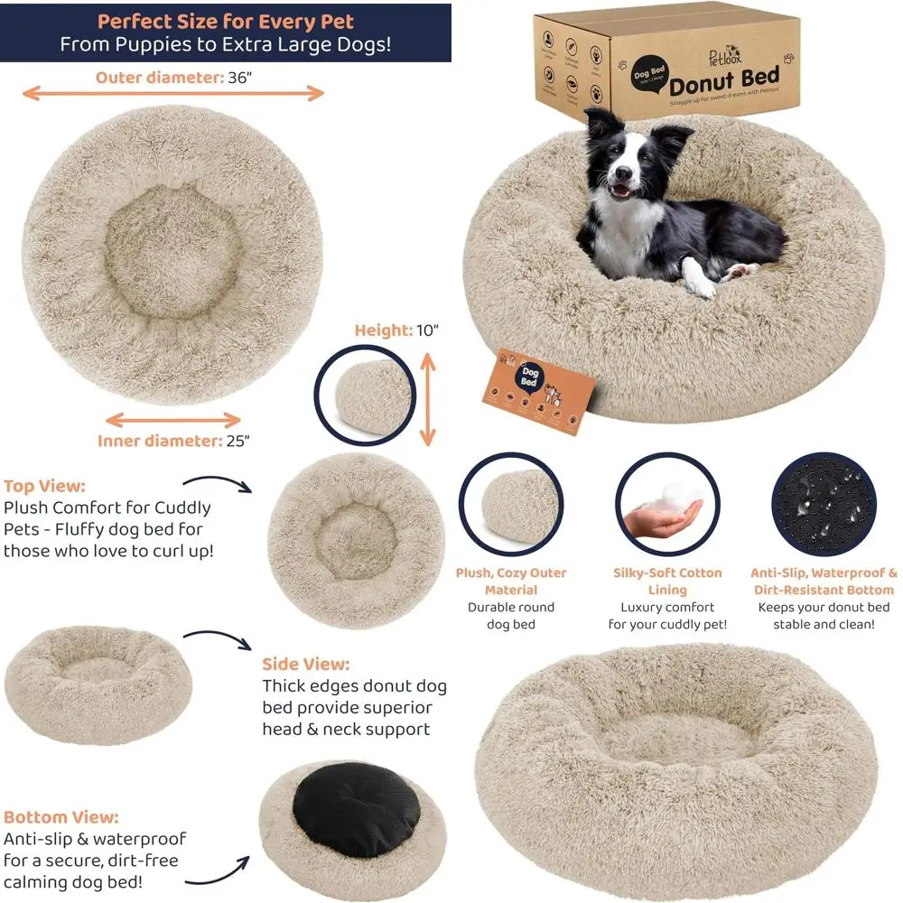 

Luxury Fluffy Dog Bed - Anxiety-Relieving Plush Support for Dogs - Soft Round Cozy Bed (Beige, Large)