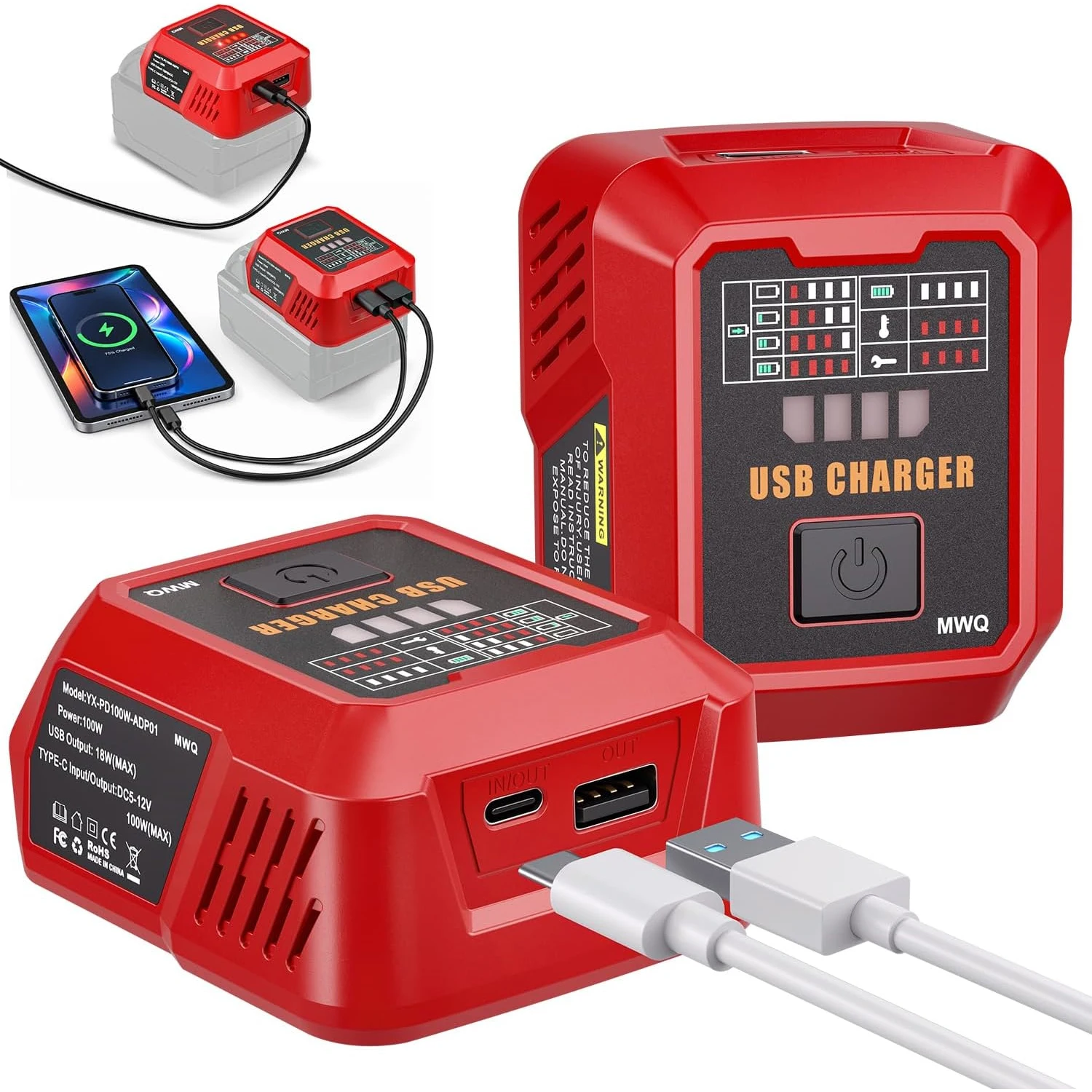 100W USB-C-Ladegerät kompatibel mit Milwaukee 18V-Akku, Netzadapter mit USB-A-Anschluss, Ladehub für Handys & Tablets – Detail 1