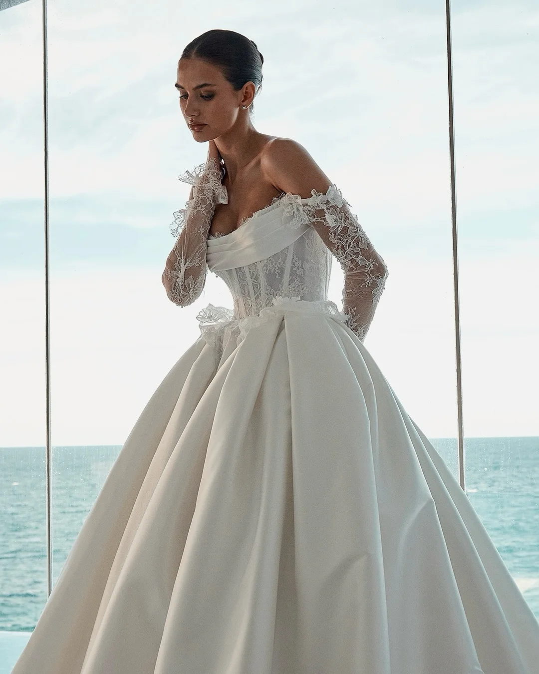 Customized Satin Off-Shoulder Wedding Dress with Long Appliques Sleeves Sweetheart Neckline Lace-Up Back Sweep Train for Bride