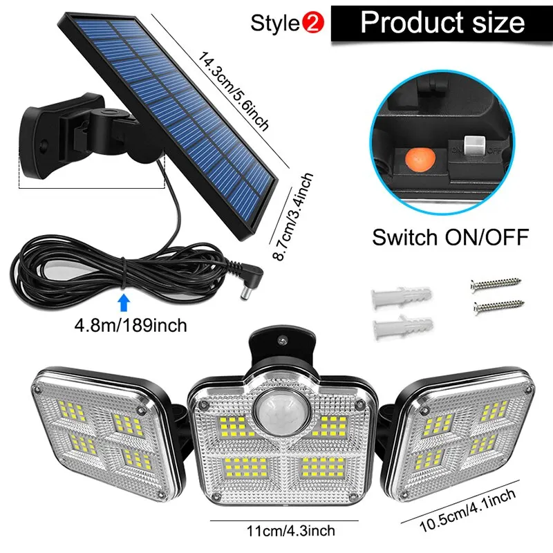 20w luce solare 122/333led IP65 lampada da giardino solare per interni impermeabile con testa regolabile ampio angolo di illuminazione con 3 modalità