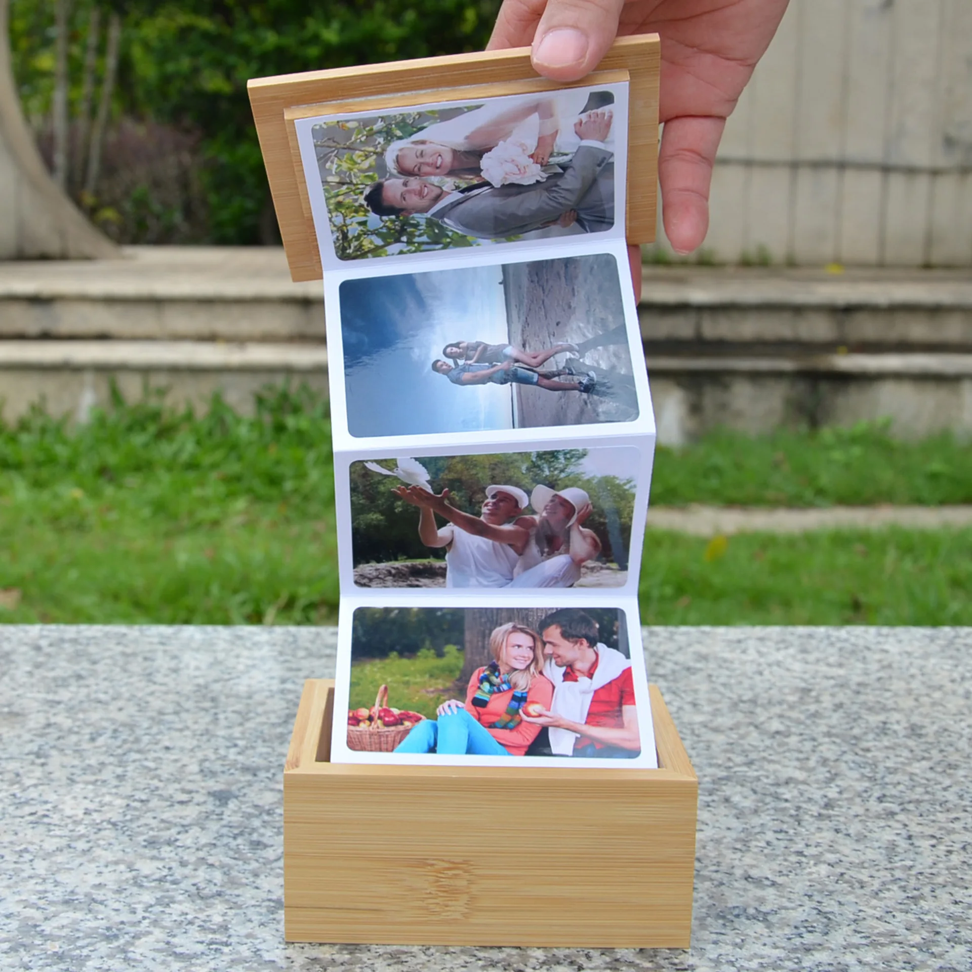 

Custom Pull Out Album Memory Photo Box with 18pcs Pictures, Wooden Photo Box Gift for Valentines Wedding Memory Collection
