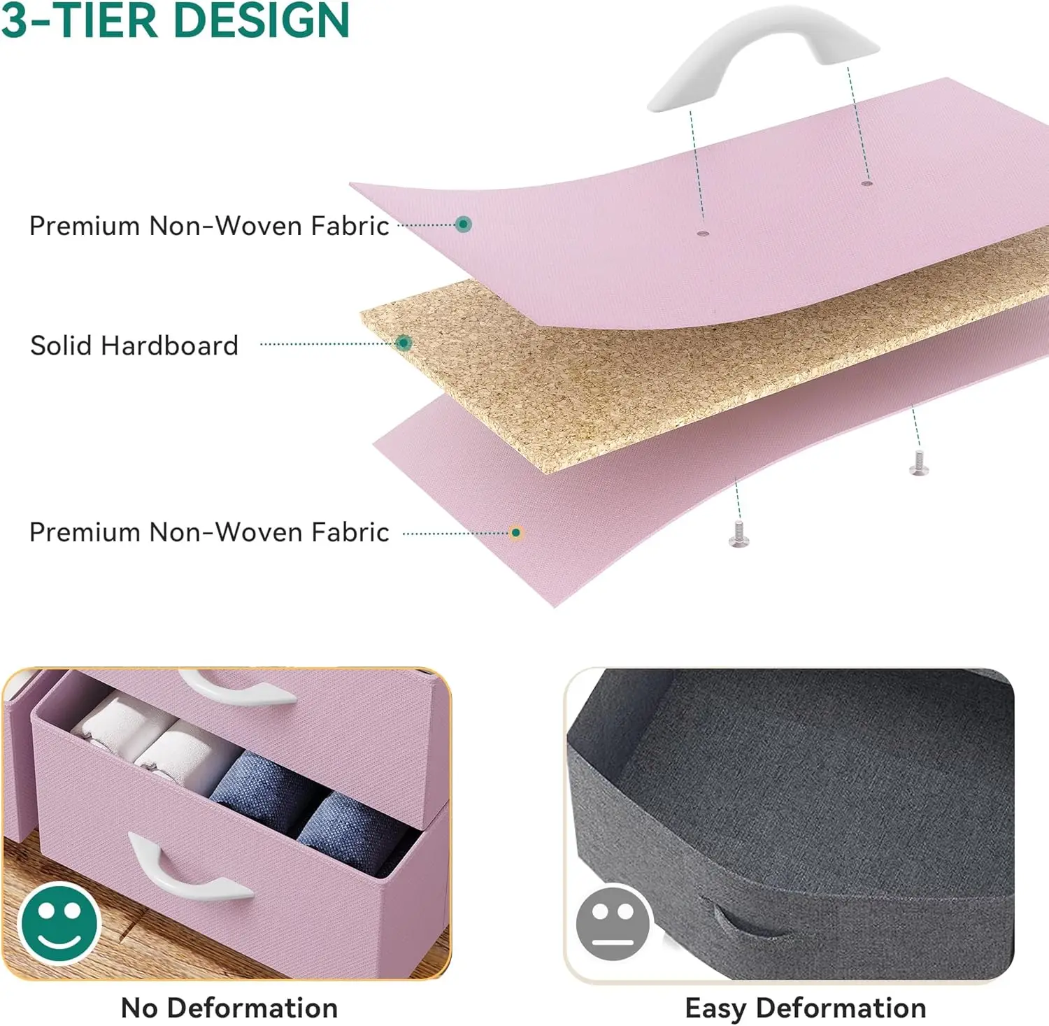 9개의 서랍이 있는 침실용 옷장, 옷장 - 견고한 강철 프레임, 목재 상판 및 쉽게 당기는 직물 상자(핑크색)