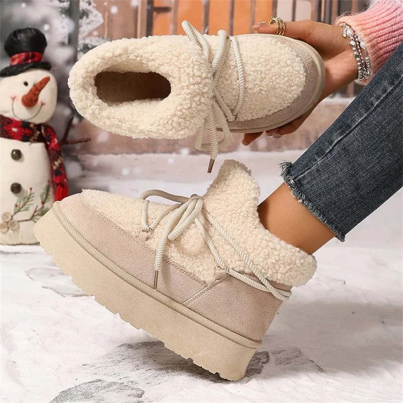 Lamb Wool Winter Women's Boots 2026 New Fashionable Thick Warm Short Tube Elastic Crisscross Straps Snow Shoes  platform boots