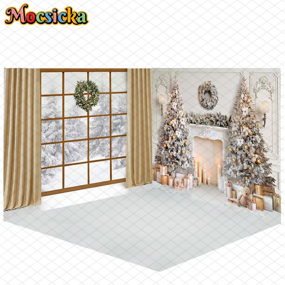 

Mocsicka Christmas Room Photographic Backdrop Home Xmas Tree Fireplace Snow Party Decors Child Portrait Photo Backgrounds Banner