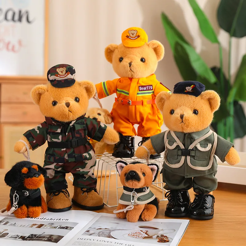 Cartoon Royal Police Uniform Bear with Military Dog Plush Toy Stuffed Animal Fire Suit Teddy Bears Doll for Boys Children Gifts