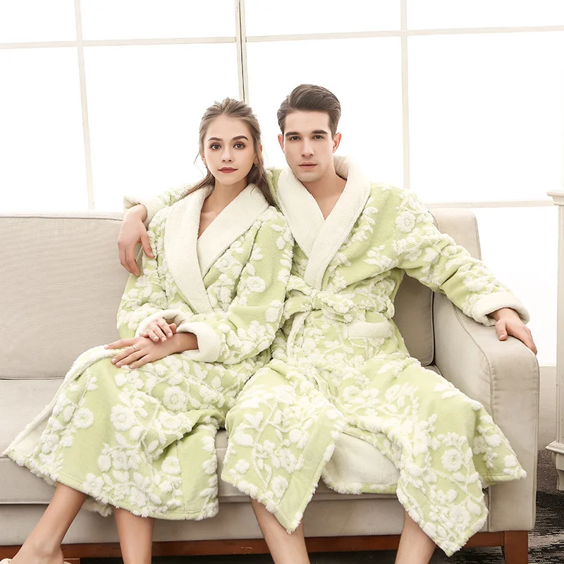 Couple Winter Extra Long Jacquard Warm Flannel Bathrobe Plus Size Coral Fleece Bath Robe Floral Dressing Gown Men Thick Sleepwea