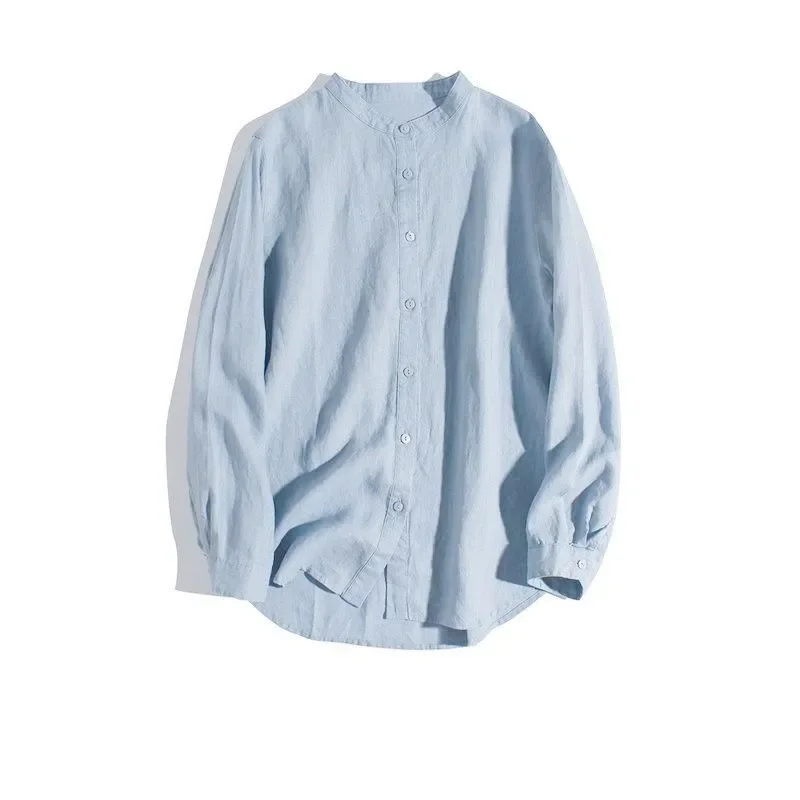 Long-sleeved Shirt for Men in Spring and Autumn Simple Casual Versatile White Round Neck Trendy Loose Korean Style Fashion Shirt