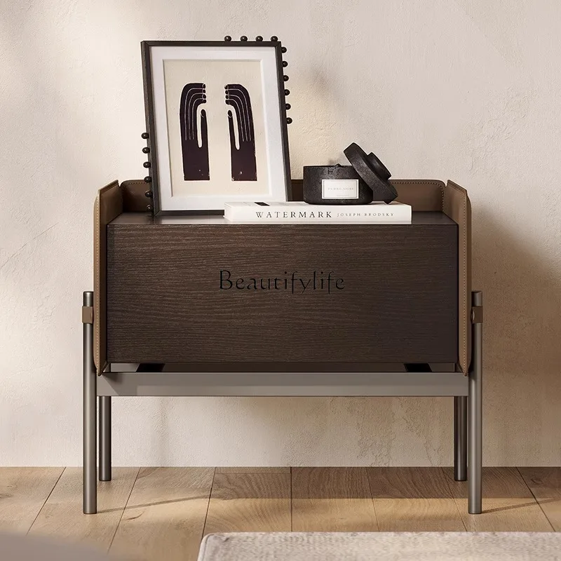 

Italian minimalist light luxury modern bedside table bedroom locker high-end saddle leather