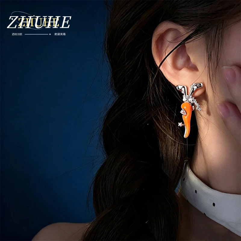 Copper Alloy Material Jewelry Accessories, Eye‑catching Orange Enamel Carrot Earrings for Women Men, Luxe Pearl Rhinestone Detai