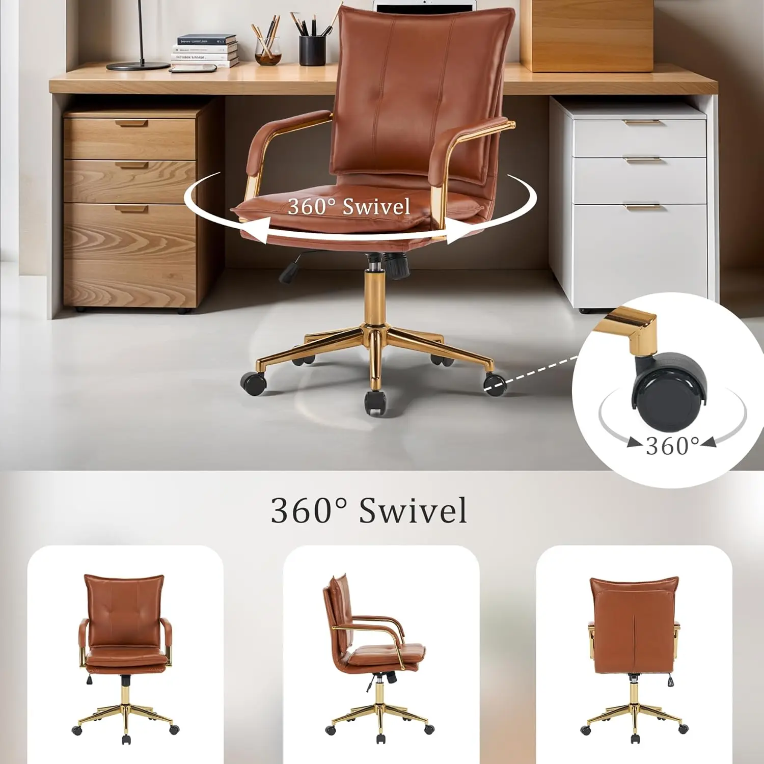 Mid-Back Ergonomic Leather Office Chair, Gold Frame Executive Task Chair (Caramel)